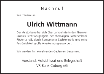 Anzeige von Ulrich Wittmann von MGO