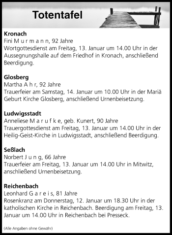 Anzeige von Totentafel vom 12.01.2017 von MGO