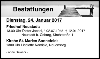 Anzeige von Bestattungen vom 24.01.2017 von MGO