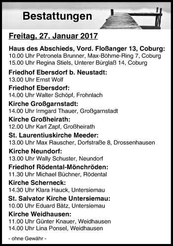 Anzeige von Bestattungen vom 27.01.2017 von MGO