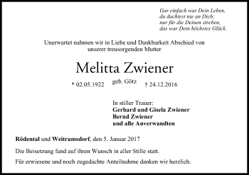 Anzeige von Melitta Zwiener von MGO
