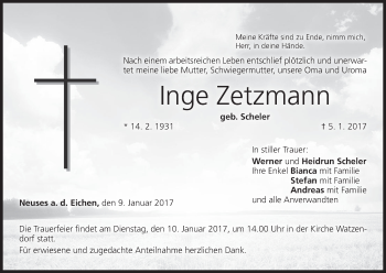 Anzeige von Inge Zetzmann von MGO