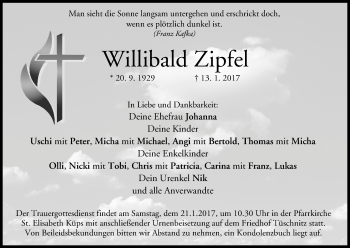 Anzeige von Willibald Zipfel von MGO