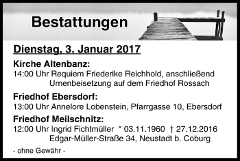 Anzeige von Bestattungen vom 03.01.2017 von MGO