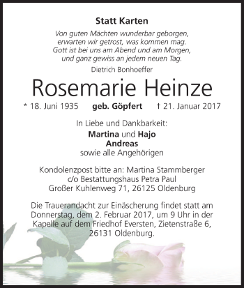 Anzeige von Rosemarie Heinze von MGO