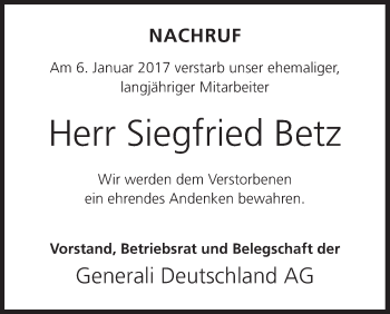 Anzeige von Siegfried Betz von MGO