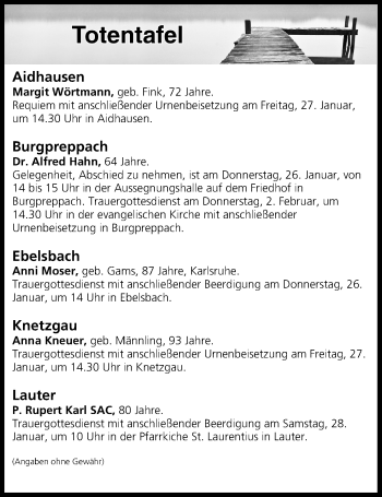 Anzeige von Totentafel vom 26.01.2017 von MGO