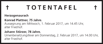 Anzeige von Totentafel vom 31.01.2017 von MGO