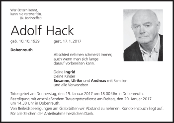 Anzeige von Adolf Hack von MGO