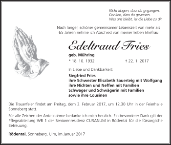 Anzeige von Edeltraud Fries von MGO