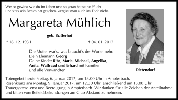 Anzeige von Margareta Mühlich von MGO
