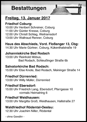 Anzeige von Bestattungen vom 13.01.2017 von MGO