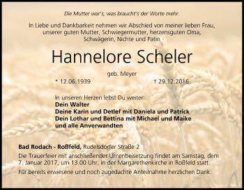 Anzeige von Hannelore Scheler von MGO
