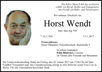 Anzeige von Horst Wendt von MGO