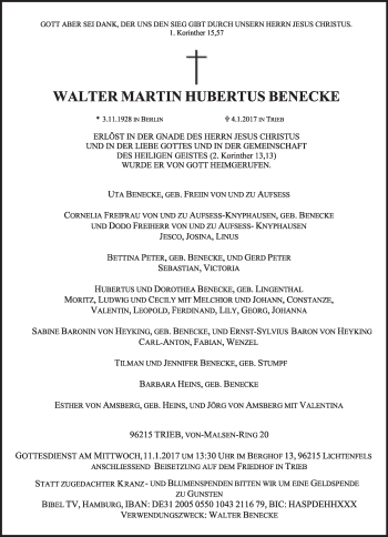 Anzeige von Walter Martin Hubertus Benecke von MGO
