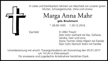 Anzeige von Marga Anna Mahr von MGO