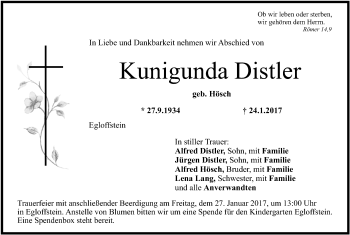 Anzeige von Kunigunda Distler von MGO