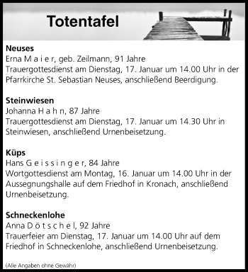 Anzeige von Totentafel vom 14.01.2017 von MGO