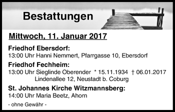 Anzeige von Bestattungen vom 11.01.2017 von MGO