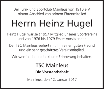 Anzeige von Heinz Hugel von MGO