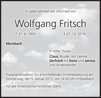 Anzeige von Wolfgang Fritsch von MGO