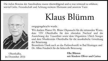 Anzeige von Klaus Blümm von MGO