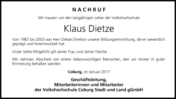Anzeige von Klaus Dietze von MGO