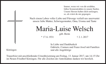 Anzeige von Maria-Luise Welsch von MGO
