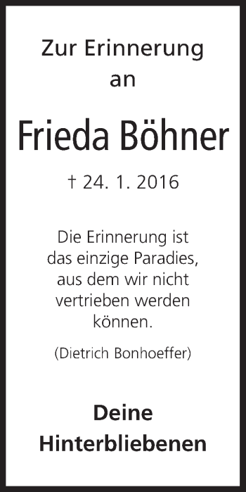 Anzeige von Frieda Böhner von MGO