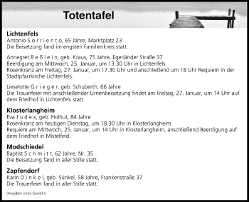 Anzeige von Totentafel vom 24.01.2017 von MGO