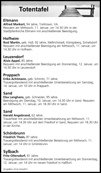 Anzeige von Totentafel vom 10.01.2017 von MGO