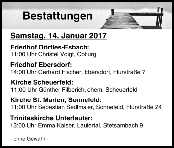 Anzeige von Bestattungen vom 14.01.2017 von MGO