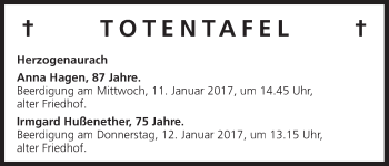 Anzeige von Totentafel vom 10.01.2017 von MGO