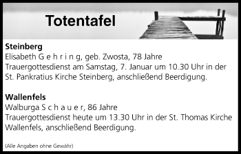 Anzeige von Totentafel vom 05.01.2017 von MGO