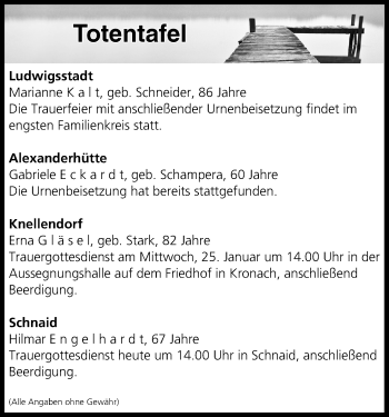 Anzeige von Totentafel vom 24.01.2017 von MGO