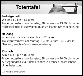 Anzeige von Totentafel vom 27.01.2017 von MGO