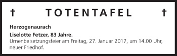 Anzeige von Totentafel vom 21.01.2017 von MGO