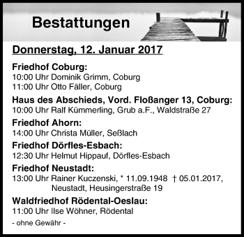 Anzeige von Bestattungen vom 12.01.2017 von MGO