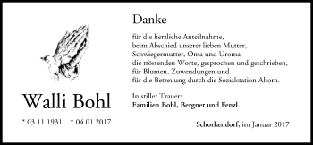 Anzeige von Walli Bohl von MGO
