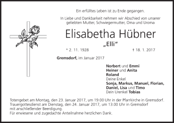 Anzeige von Elisabetha Hübner von MGO
