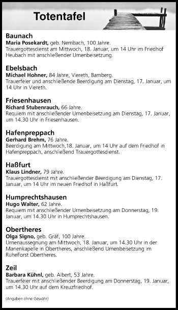 Anzeige von Totentafel vom 17.01.2017 von MGO