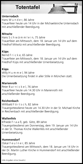 Anzeige von Totentafel vom 17.01.2017 von MGO