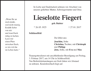Anzeige von Lieselotte Fiegert von MGO