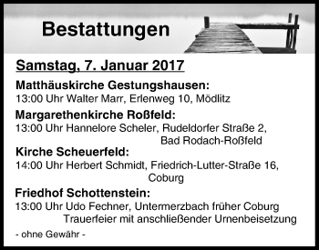 Anzeige von Bestattungen vom 06.01.2017 von MGO