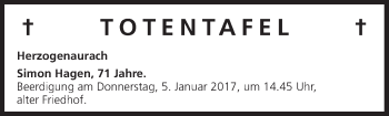 Anzeige von Totentafel vom 04.01.2017 von MGO