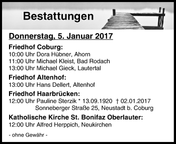 Anzeige von Bestattungen vom 05.01.2017 von MGO