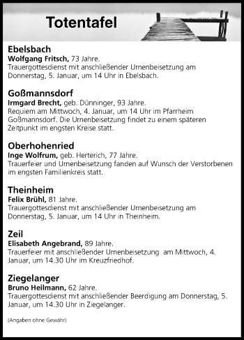Anzeige von Totentafel vom 03.01.2017 von MGO