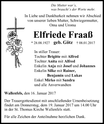 Anzeige von Elfriede Fraaß von MGO