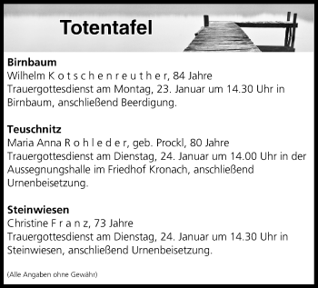 Anzeige von Totentafel vom 21.01.2017 von MGO