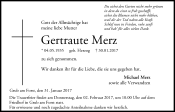Anzeige von Gertraute Merz von MGO